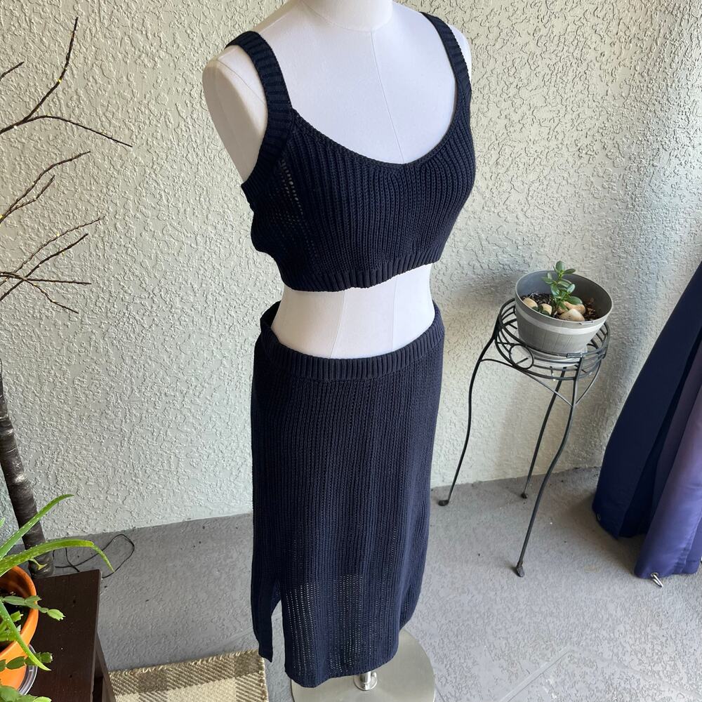 One Grey Day Knit Crochet Midi Skirt Tank Set Navy Small / Medium Beach Vacation - Picture 11 of 11
